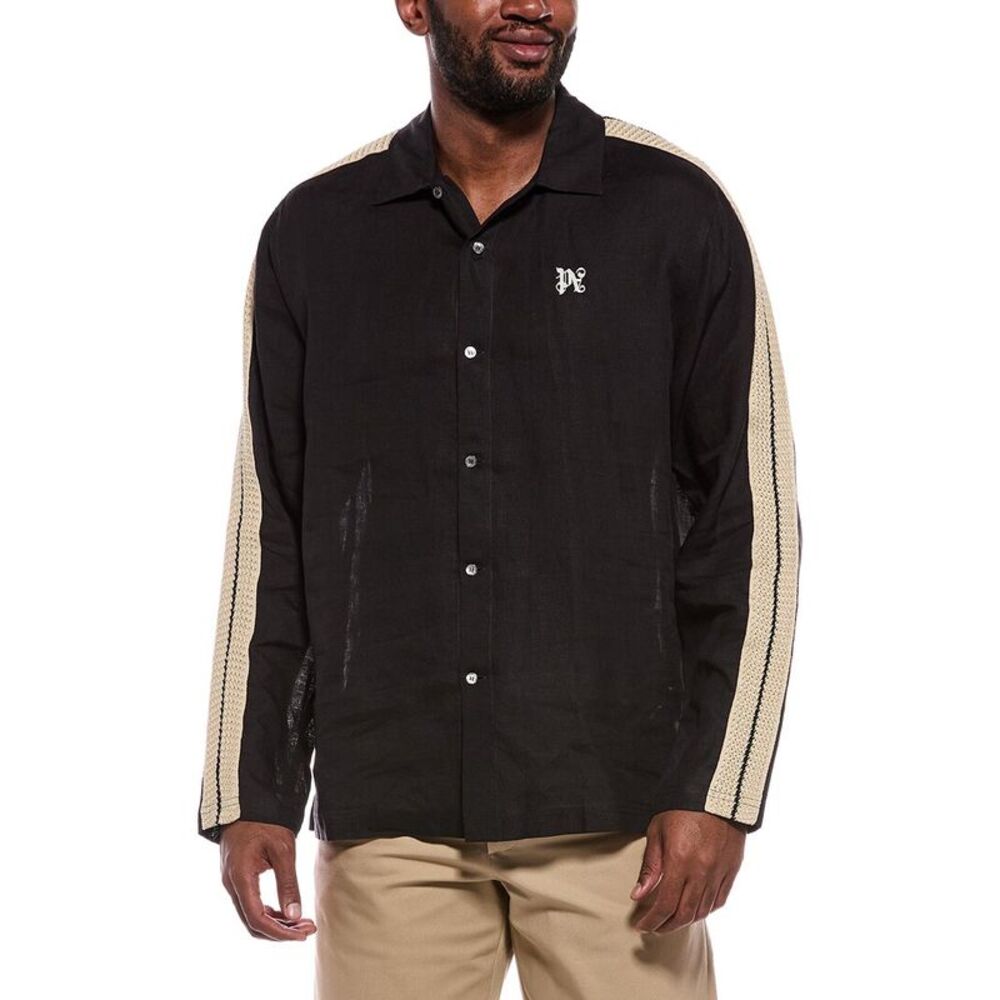 Palm Angels Mens  Woven Linen Shirt, Black